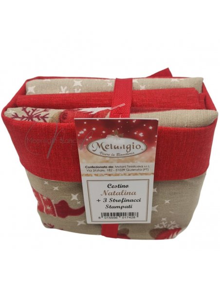 Set natale 3 strofinacci cotone con cestino