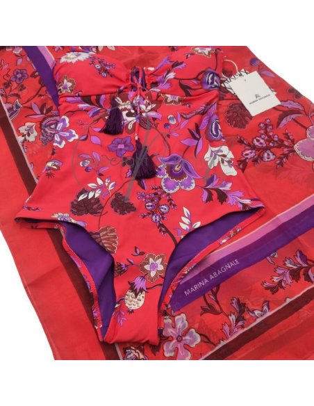 Evody intero corallo + pareo-foulard chiffon